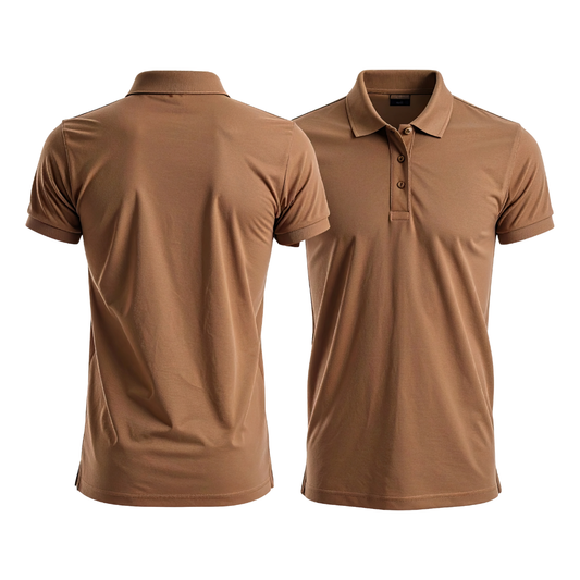 Polo shirt model 10 in various solid colors.