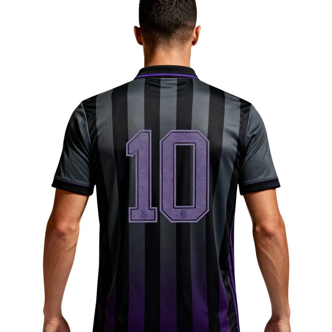 Polo shirt model 10 in dark purple and black.