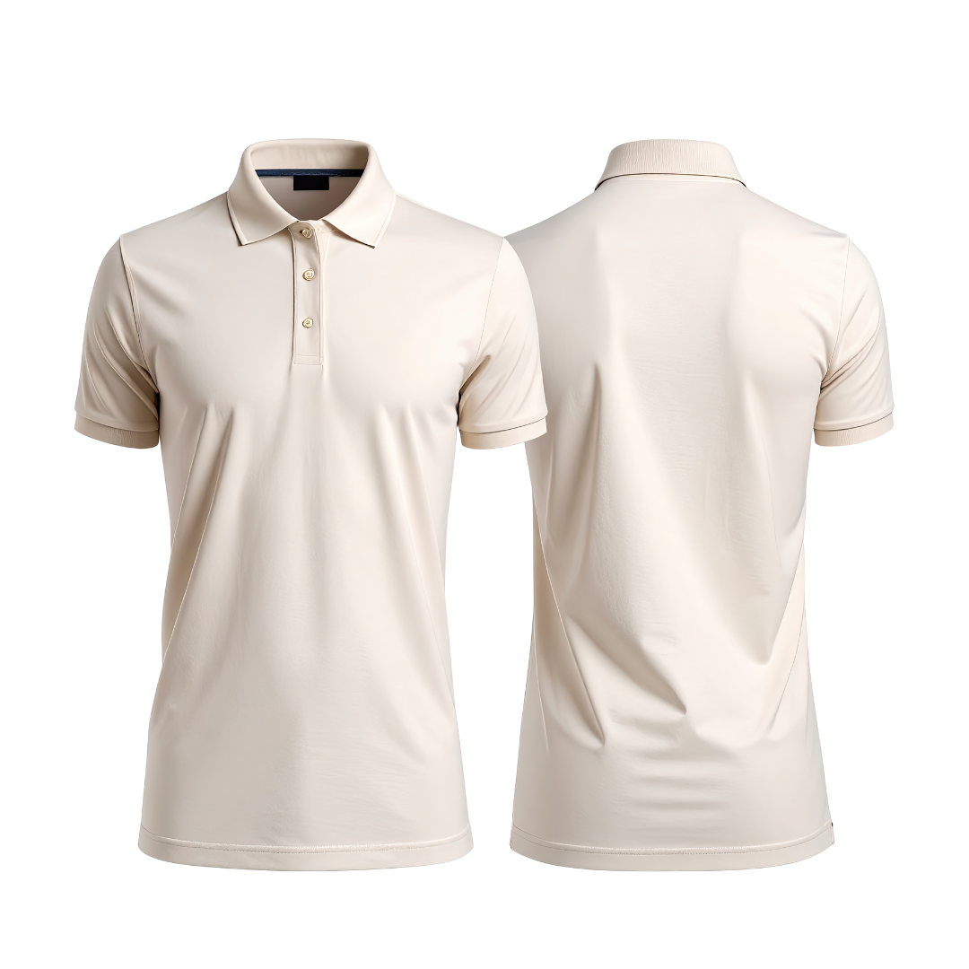 Polo shirt model 10 in various solid colors.